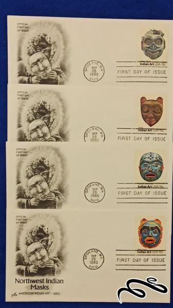 پاکت مهر روز امریکا 1980 4پاکت  ماسک های هندی شمال غربی