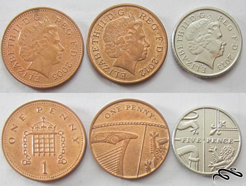 3 سکه یک پنی و پنج پنس انگلستان (ملکه الیزابت دوم)