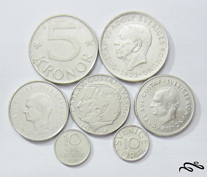 مجموعه سکه های رایج و یادبودی سوئد      7 سکه بدون تکرار از 10 اوره تا 5 کرون