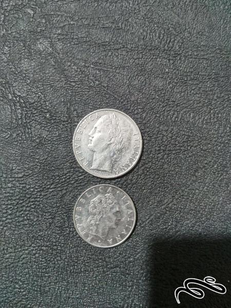 سکه 100 و 50 لیر ایتالیا قدیم دهه 1970 در حد بانکی