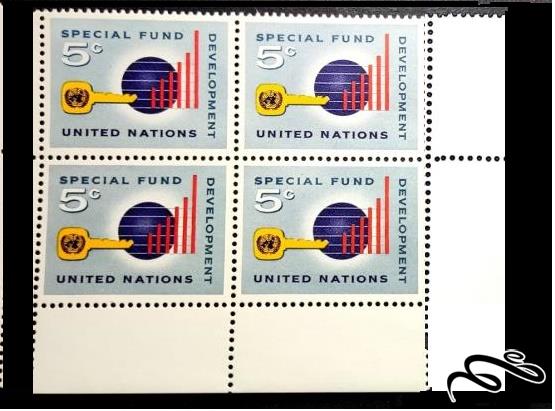 بلوک تمبر گوشه ورق U.N. Special Fund باارزش 1965سازمان ملل نیویورک (00)+