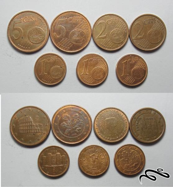 مجموعه سکه های سنت یورو - 7 عدد بدون تکرار از کشورهای مختلف     بدون تکرار از یک سنت تا 5 سنت