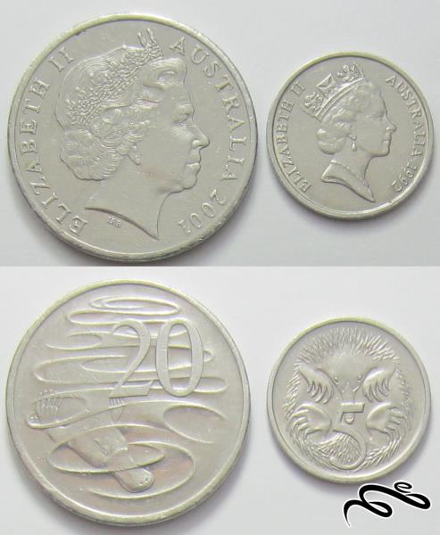 2 سکه 5 و 20 سنت استرالیا (ملکه الیزابت دوم) 🔷  🔷  ( 1992 و 2001 میلادی )