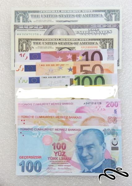 9 برگ طرح اسکناس دلار و یورو و لیر . فانتزی . (11-14) (0)