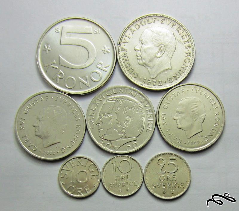 مجموعه سکه های رایج و یادبودی سوئد     8 سکه بدون تکرار از 10 اوره تا 5 کرون