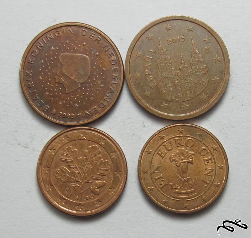 مجموعه سکه های سنت یورو - 4 عدد بدون تکرار یک و دو سنت از کشورهای اسپانیا - هلند -  آلمان و اتریش