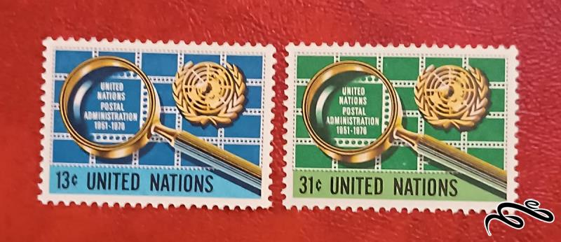 2 تمبر زیبای باارزش 1976 سازمان ملل . مدیریت پست (92)3