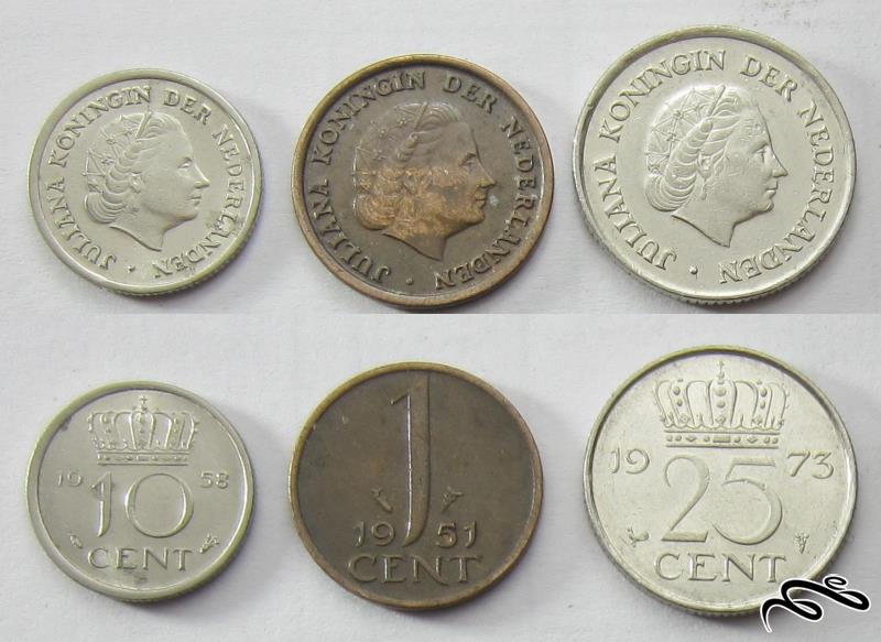 سری سکه های قدیمی هلند    3 سکه از یک سنت تا 25 سنت