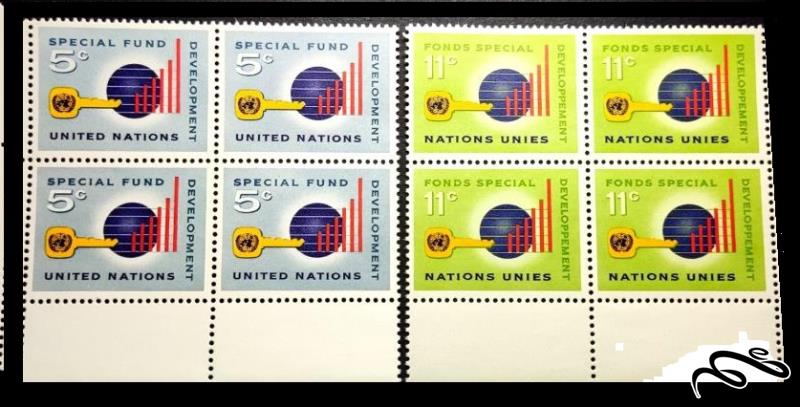۲ بلوک تمبر گوشه ورق U.N. Special Fund باارزش ۱۹۶۵سازمان ملل نیویورک (۰۰)+