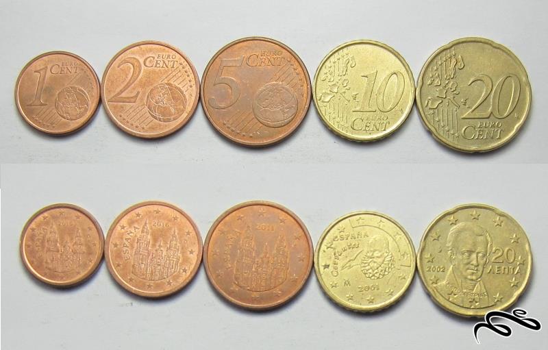 مجموعه سکه های سنت یورو - اسپانیا و یونان     بدون تکرار از یک سنت تا 20 سنت