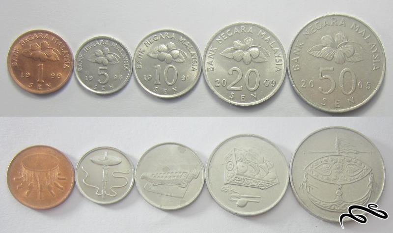 مجموعه سکه های مالزی    5 سکه بدون تکرار از یک تا 50 سن