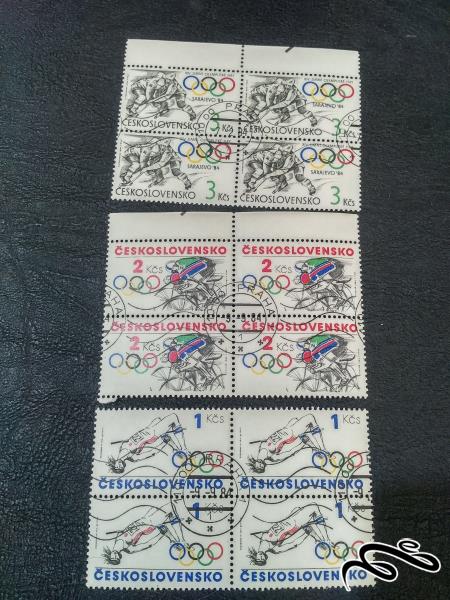 3 بلوک تمبر المپیک چاپ چکسلواکی قدیم با مهر روز و کاغذ کاهی
