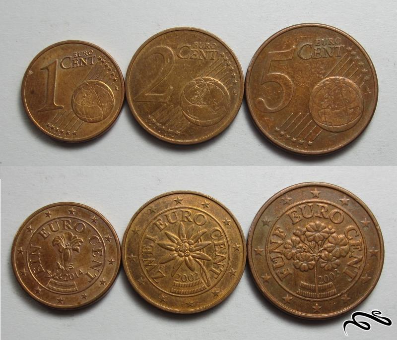مجموعه سکه های سنت یورو - اتریش    بدون تکرار از یک سنت تا 5 سنت