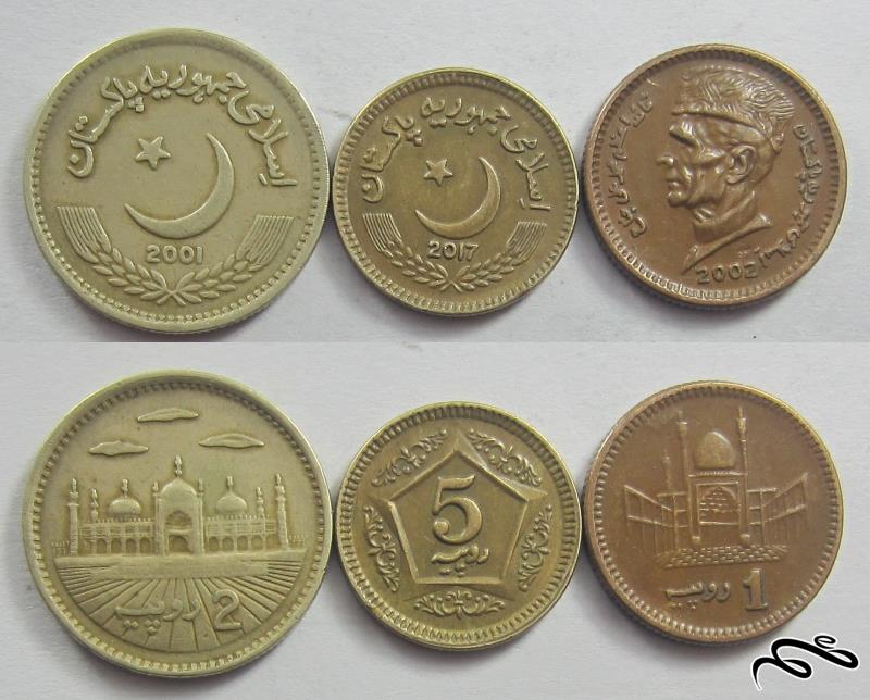 3 سکه یک و دو و پنج روپیه پاکستان    شامل یک روپیه  با تصویر محمدعلی جناح