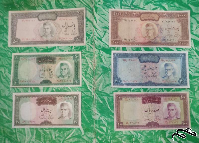 ست اسکناس دوره پهلوی دوم سری چهارم موسوم به کراواتی و مینیاتوری