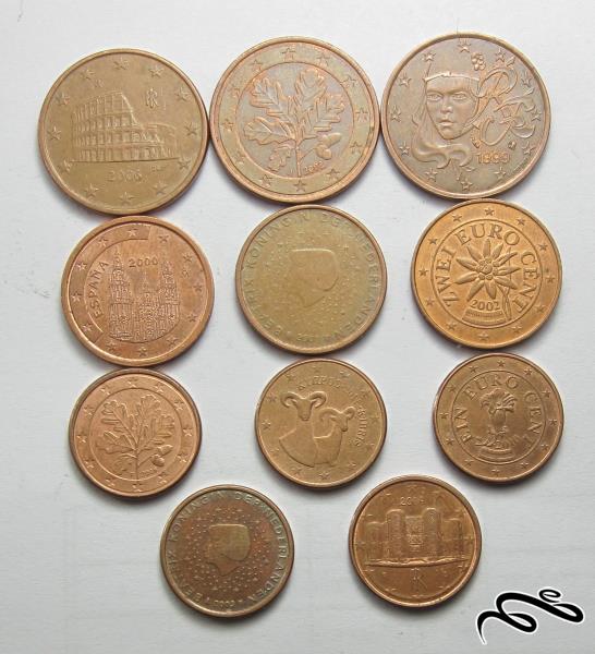 مجموعه سکه های سنت یورو - 11 عدد بدون تکرار از کشورهای مختلف     بدون تکرار از یک سنت تا 5 سنت